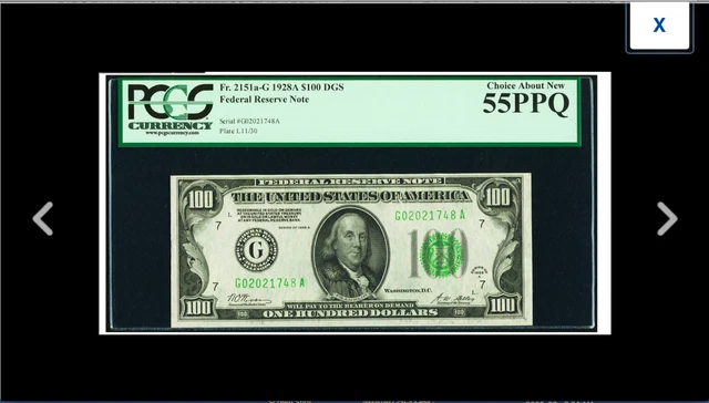 $100 1928A Dark Green Seal Federal Reserve Note. PCGS Choice About New 55PPQ ==
