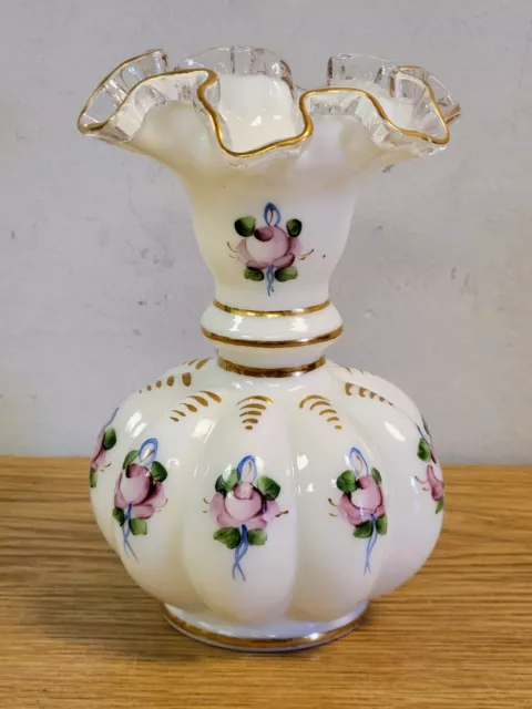 Fenton Hand Painted  Charleton Peach Crest Melon Vase w/ Pink Roses & Gold Trim