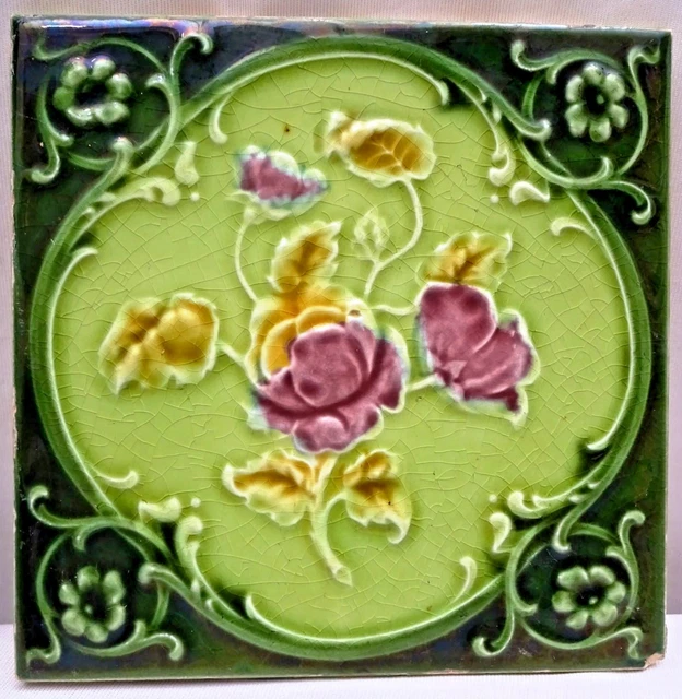 Ancien Carreau Anglais Art Nouveau Majolique Céramique Rose Fleurs Motif