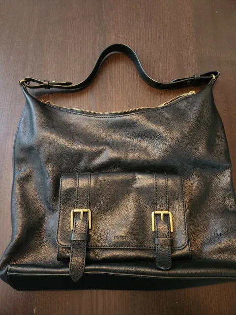 FOSSIL Black Leather Zip Hobo Shoulder Bag Front Double Buckle Flap Pocket