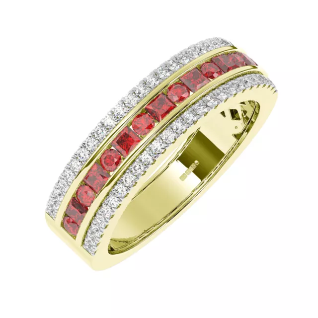 18K Yellow Gold,6.00 MM, 100% Natural Round & Princess cut Diamonds Ruby Ring