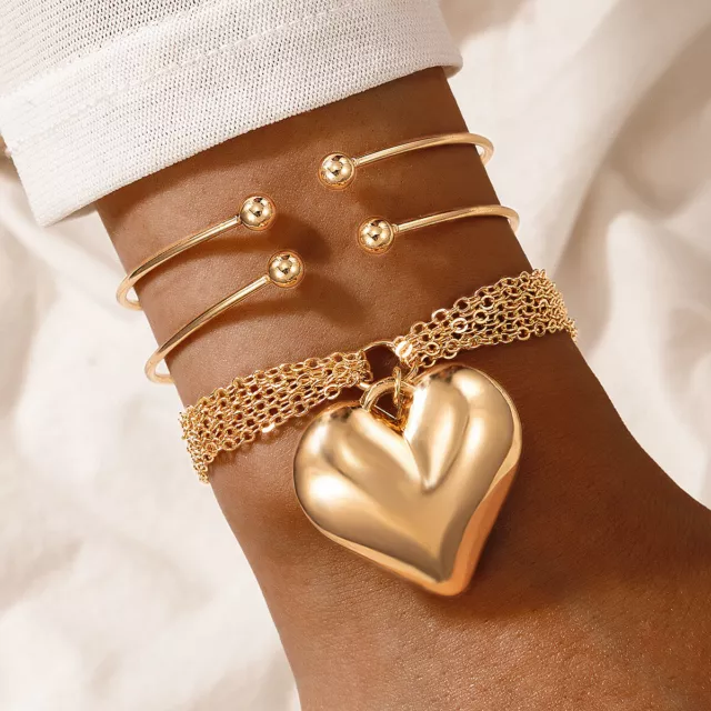 3 Pcs new fashion Boho gold charm heart shape bracelet For Women Uk