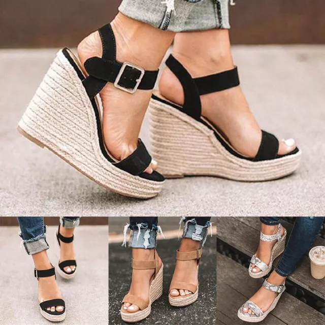 Womens Wedge Sandals Ankle Strap Peep Toe Espadrilles Comfy Platform Shoes Size