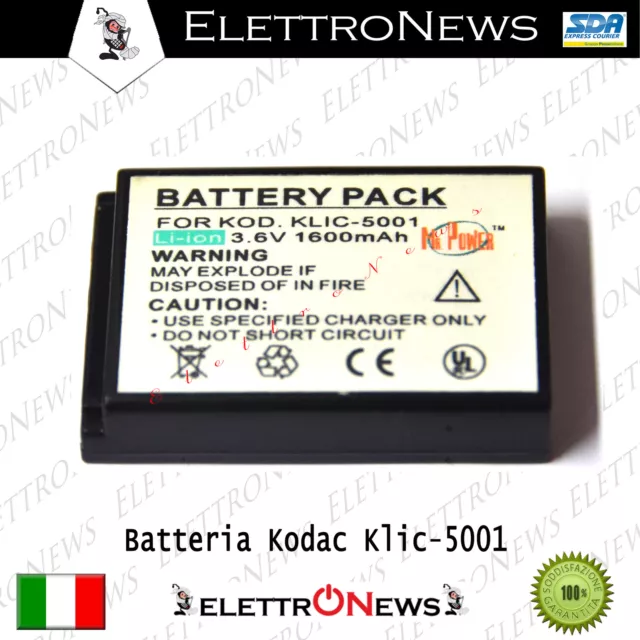 Batteria compatibile  per fotocamera Kodak Klic-5001 1600 mAh 3,6 V