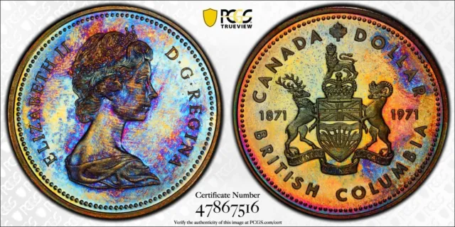 SP65 1971 $1 Canada Silver BC Commem Dollar, PCGS Secure- Pretty Rainbow Toned