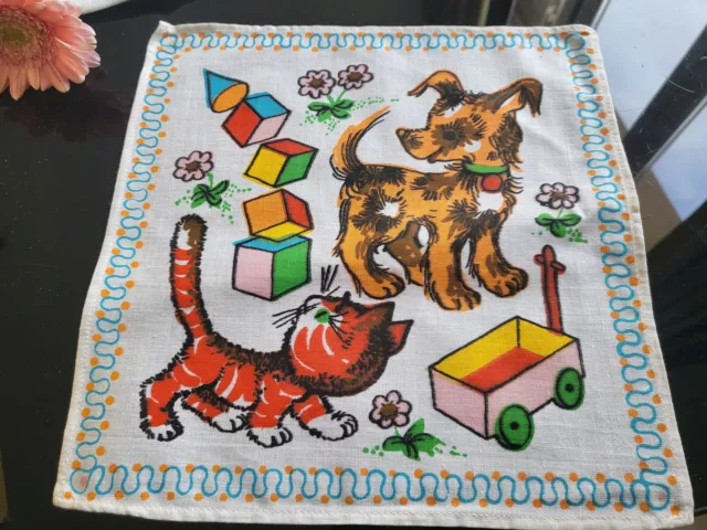 Antico Fazzoletto Nuovo Vintage Bambino Anni 60/70 Gattino Cane Cotone B2-4