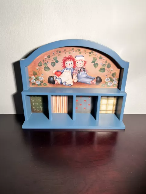 Vintage Enesco Raggedy Ann Andy Figurine Display Wooden Shelf