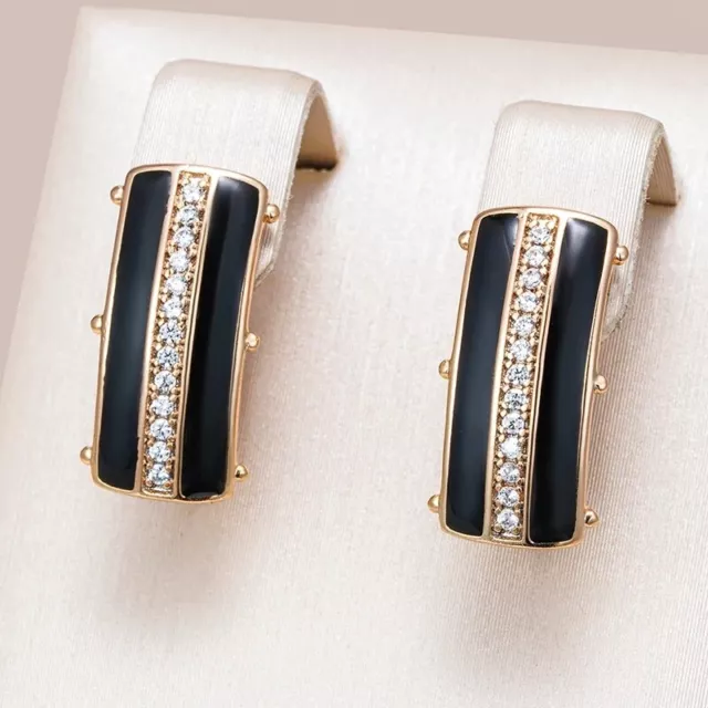 Square Black Enamel Drop Earrings For Women 585 Rose Gold With White CZ Jewelry