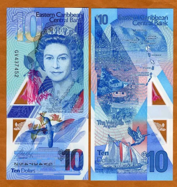 Eastern East Caribbean, $10 ND (2019) Polymer, QEII redesigned P-W57 Gem UNC