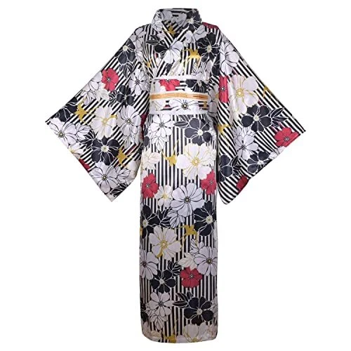Women's Short Kimono Dress Floral Print Japanese Traditional Large L17-black