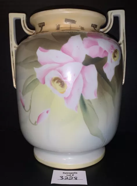 Hand Painted Double Handled Urn Vase Moriage Dots Pink Rose Floral 9” Tall Vtg 2