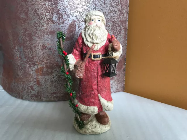 Rustic Old World Folk Art Santa Claus Crackle Glitter Figurine Bird Christmas