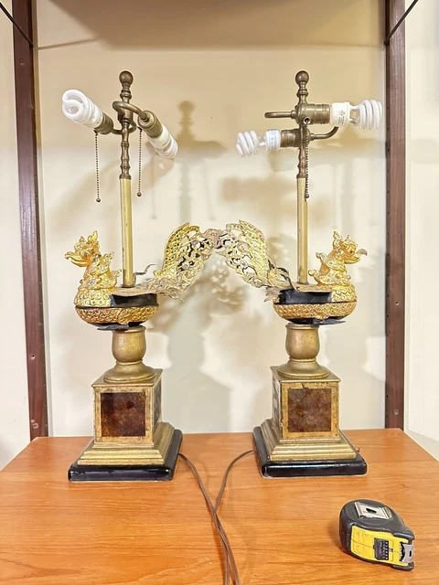 Lamp pair 1960s Antique Burmese Mirrored Gilt Hintha Bird Figures Betal Boxes