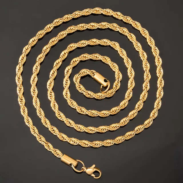 2/2,4/3mm Rope Kordelkette Vergoldet Edelstahl Damen Herren Halskette 45-80cm