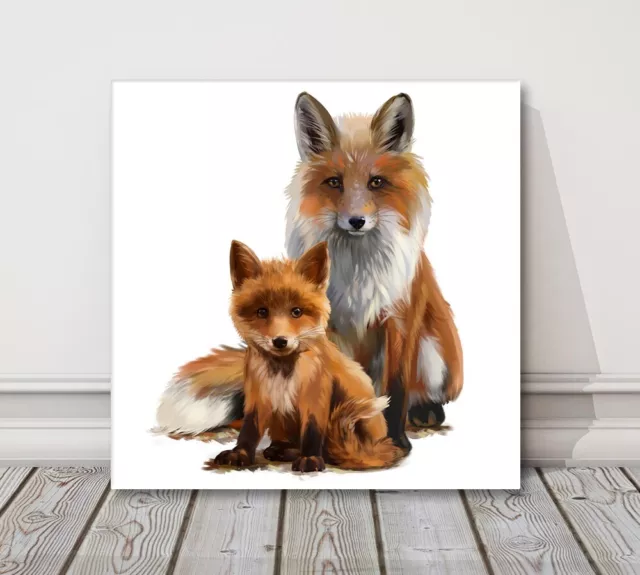 fox mum and cub watercolour canvas picture print framed brown white