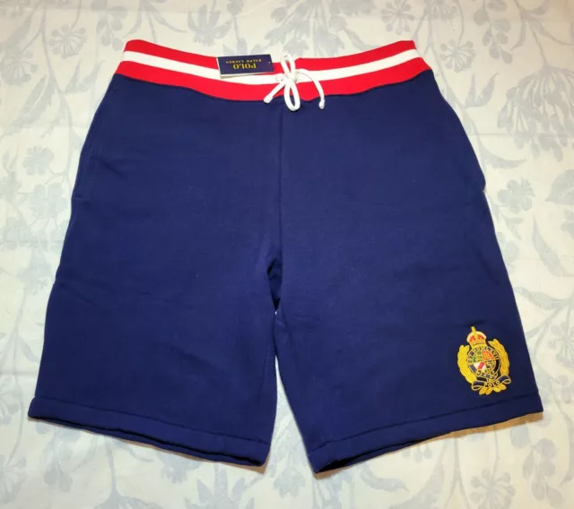 POLO Ralph Lauren Shorts XL Tall Mens Navy Blue Gold Crest Logo Fleece Embroider