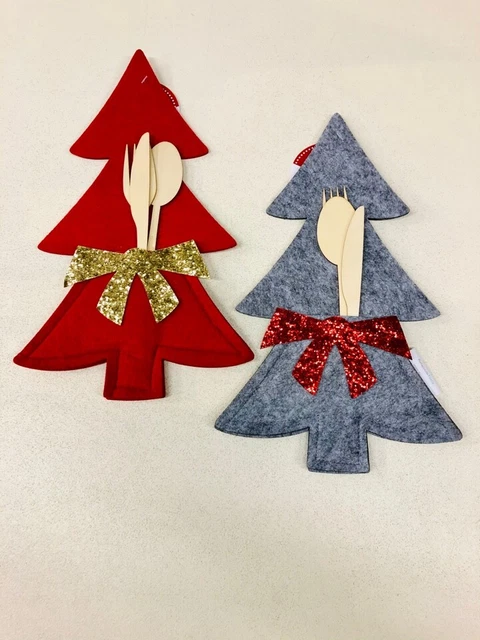 Portaposate Natale In Feltro A Forma Di Albero 20 Pezzi | Decorazione Tavola Rossa Con Stelle