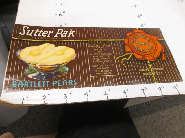 SUTTER PAK Bartlett pears fruit 1930s tin can food paper label Indep Growers Ass