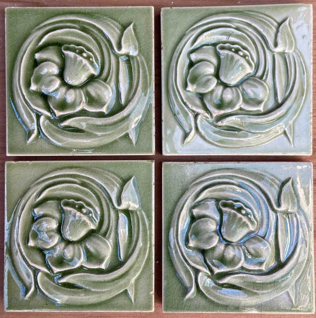 3X3  England Antique Art Nouveau Majolica 4-Set Tile C1900