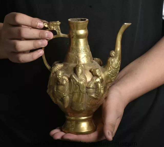 8.2 " Marked Old Chinese Bronze Gilt Dynasty Figure Dragon Handle Wine pot