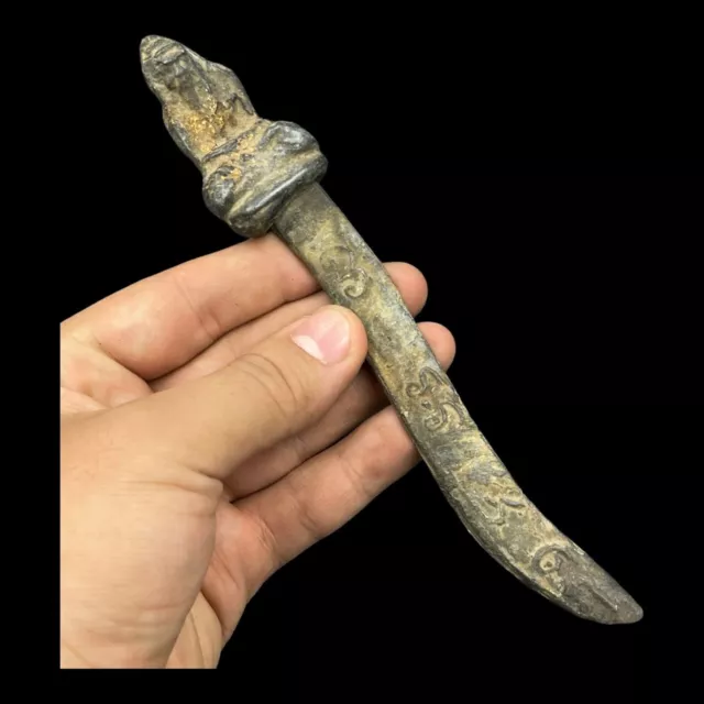 Very Unique Ancient Near Eastern Bronze Dagger With Man Seated Figure