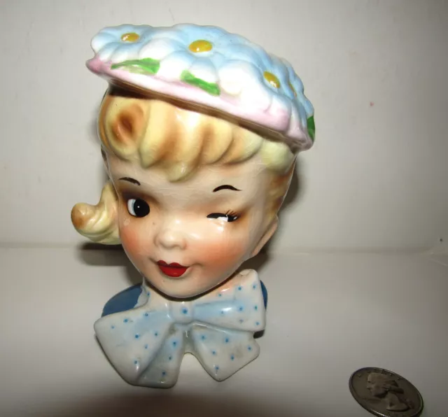 1950's ceramic CUTE WINKING GIRL HEAD VASE