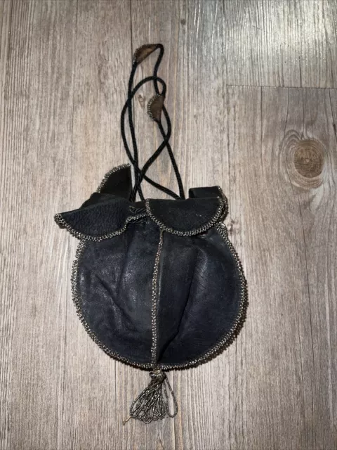 Antique 1920s Leather & Steel Beaded Flapper Bag Purse Unique True Vintage Pouch