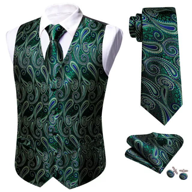 Green Blue Paisley Silk Mens Waistcoat with Tie Hankie Cufflinks Set Wedding