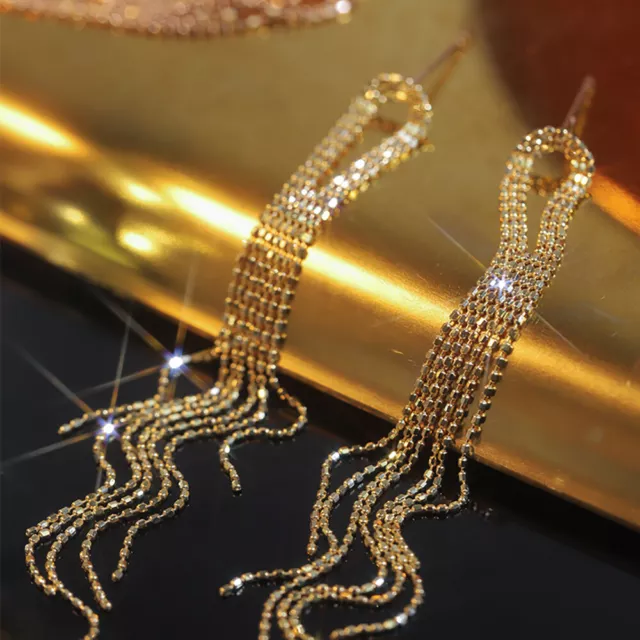 18K Solid Gold Drop Dangle Earrings Bead Chain Tassel 80mm Elegant Charm Jewelry