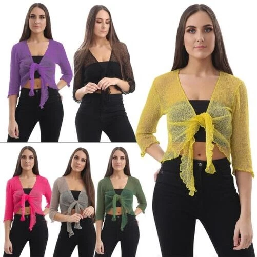 Donna Legare Aperto Davanti Coprispalle Maglia Corto Bolero Cardigan Top