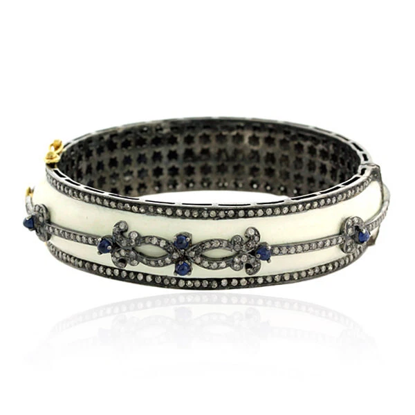 Natural Rosecut Diamond Polki Sapphire 925 Sterling Silver Wedding Enamel Bangle