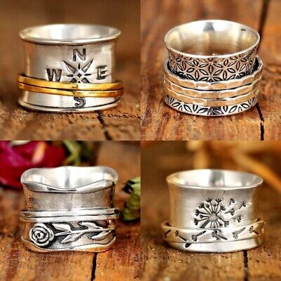 Dandelion Flower Spin Rings Relief Fidget Anxiety Wide Band Ring Jewelry Gifts 3