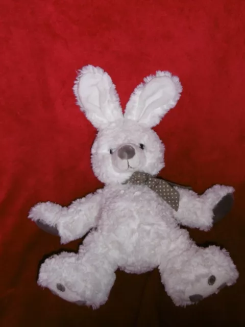 Doudou Marque Inconnue Peluche Lapin Blanc Et Gris Echarpe Marron a Pois Blanc