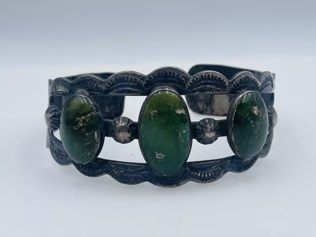 Ancien Vieux Pawn Navajo Argent Sterling Vert Turquoise Orné Manchette Bracelet