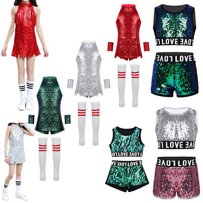 Sequins Street Dance Wear Costume Kids Girls Modern Jazz Hip-hop Fancy Dress Set