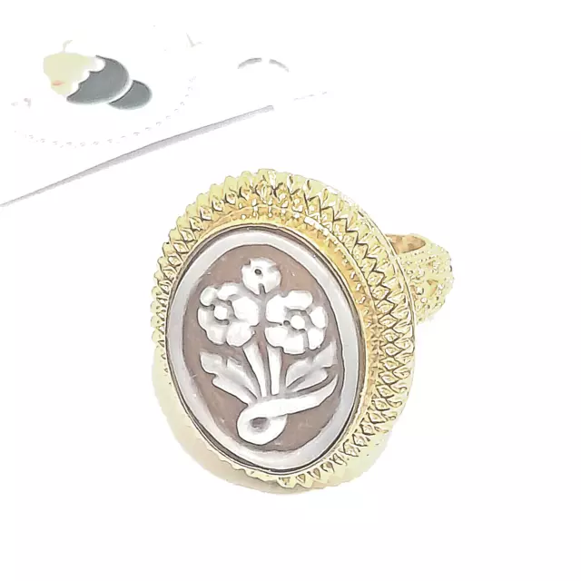 Anello dorato donna con fiori su cammeo in argento 925 nuovo (ea12)