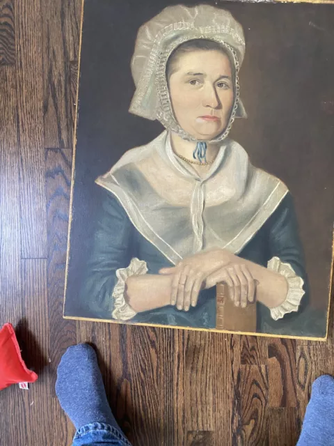 Mid-19th Century Portrait Of A Woman in Cap with Book on Board