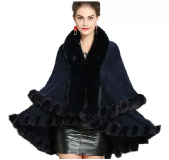 Womens Winter Warm Faux Fox Fur Collar Cape Poncho Stole Shawl Jacket Party Chic