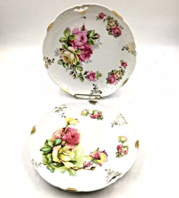 2 Antique Sch Bavaria Serving Cake Plates Porcelain White & Pink Yellow Roses 9"