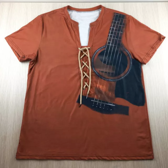 T-Shirt Size M Guitar Print Lace-Up Polyester Short Sleeve Brown & Black