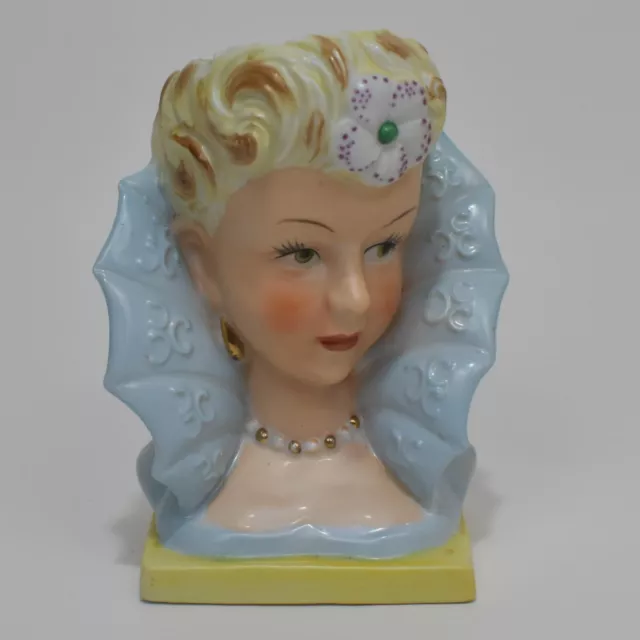 Vintage Lady Head Vase Elizabethan 6 Inch Tall Light Blue with Green Dot