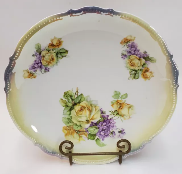 PK Koenigszelt Silesia 11.75" Plate with Yellow Rose and Violets Beaded Trim