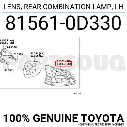 815610D330 Genuine Toyota LENS, REAR COMBINATION LAMP, LH 81561-0D330 OEM