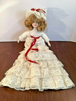 Vintage Decorative Porcelain Church Doll White Lace Dress & Hat Red Trim 19"