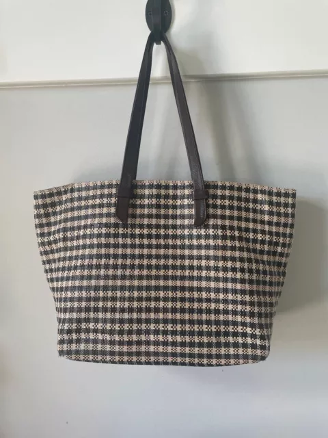 Talbots Black and Tan Woven Paper Straw Tote Bag with Genuine Leather Straps