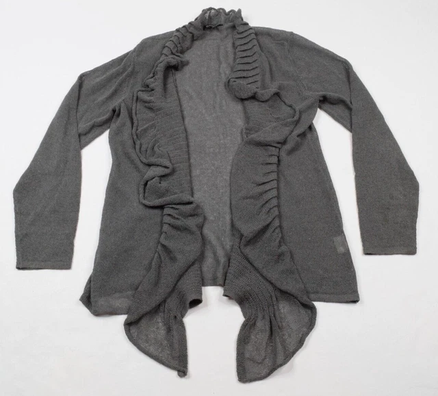 Eileen Fisher Gray Linen Blend Ruffled Shawl Collar Open Cardigan Womens L