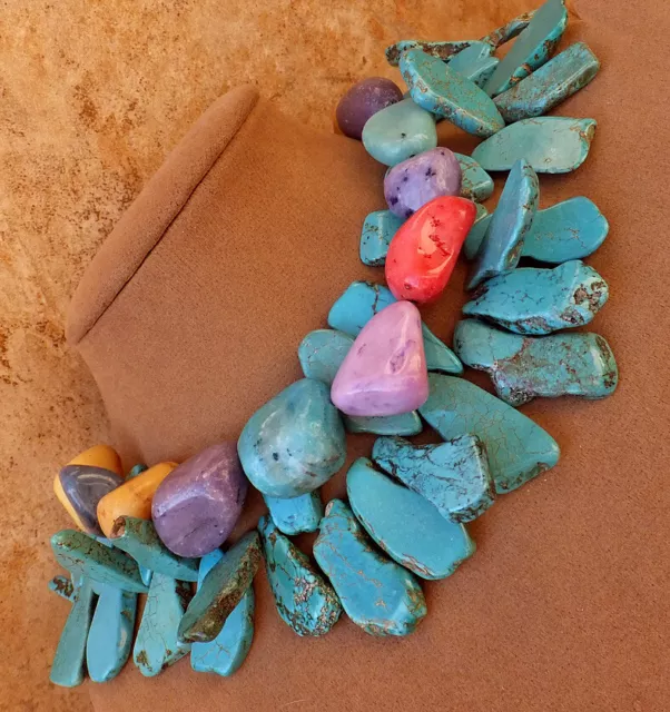 Huge Exotic Turquoise Howlite Blue Statement Necklace Slabs w/ Rainbow Jade gems