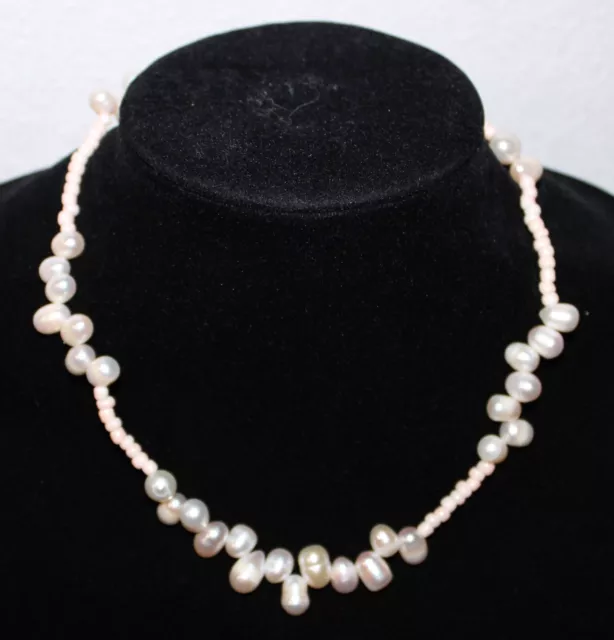 Genuine White Baroque Pearl Necklace with Light Pink Glass Beads MOP Clasp