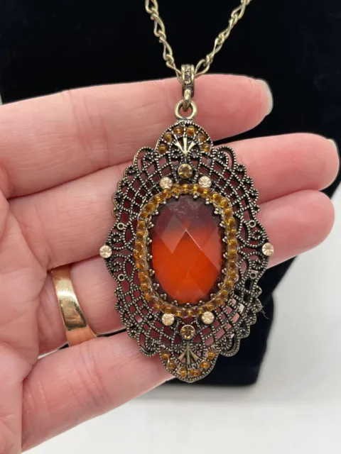 Victorian Era Ornate Faceted Orange Lavalier Pendant Chain Necklace