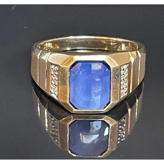 Mens  Yellow Gold Star Sapphire And Diamond Signet Ring Size 12 Sky